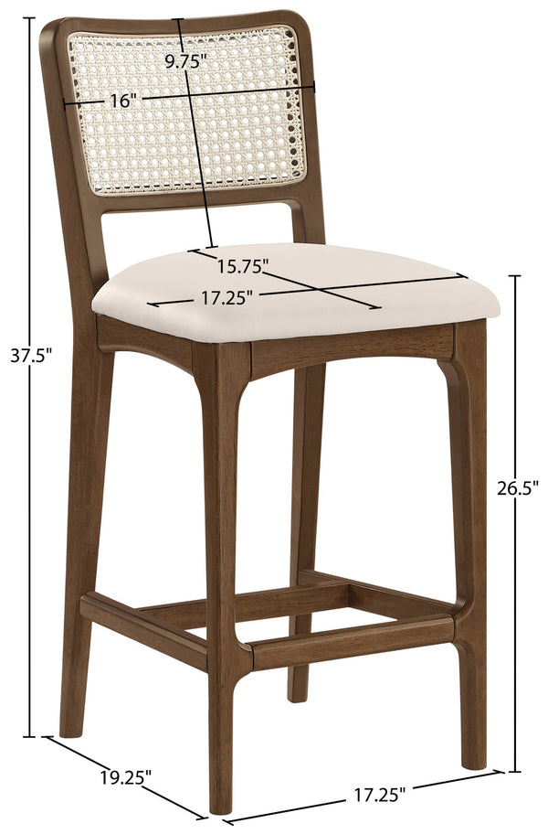 Meridian Furniture Atrium Art Deco Cane Back Counter Stool with Vegan Leather Seat and Wood Frame Cream Set of 2 88073Cream-C