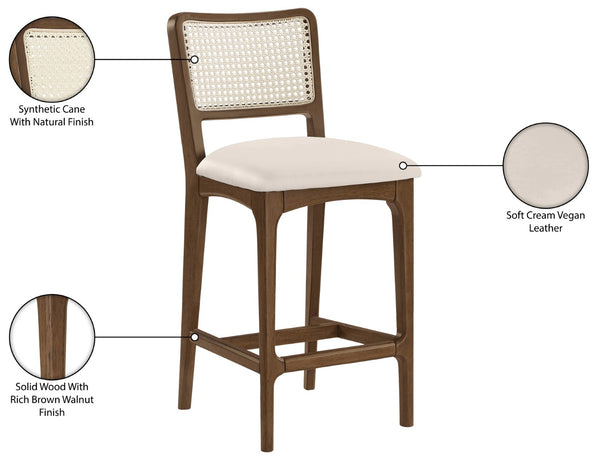 Meridian Furniture Atrium Art Deco Cane Back Counter Stool with Vegan Leather Seat and Wood Frame Cream Set of 2 88073Cream-C