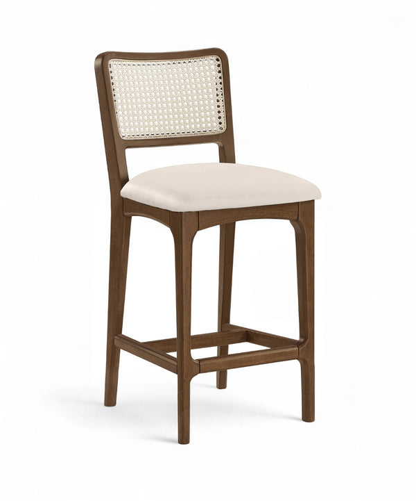 Meridian Furniture Atrium Art Deco Cane Back Counter Stool with Vegan Leather Seat and Wood Frame Cream Set of 2 88073Cream-C