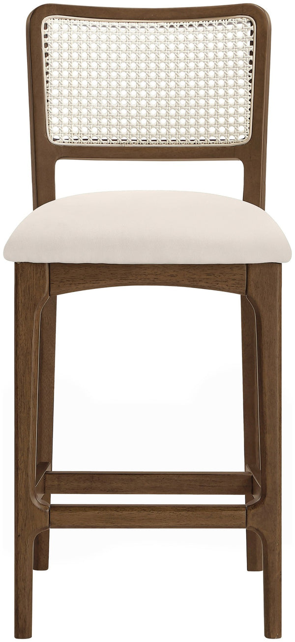 Meridian Furniture Atrium Art Deco Cane Back Counter Stool with Vegan Leather Seat and Wood Frame Cream Set of 2 88073Cream-C