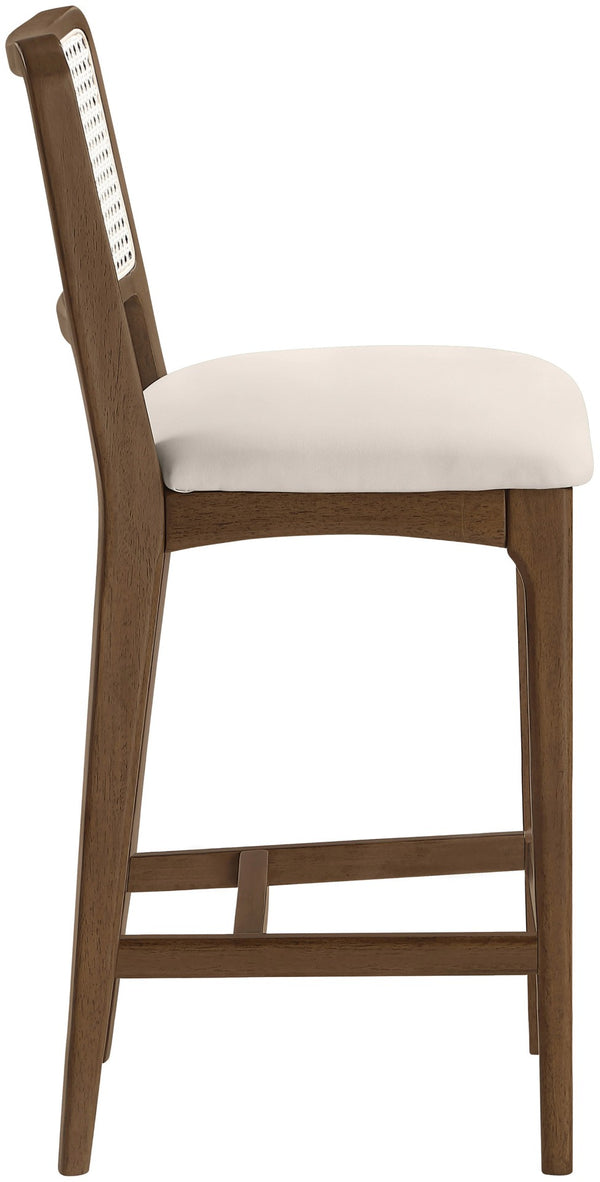 Meridian Furniture Atrium Art Deco Cane Back Counter Stool with Vegan Leather Seat and Wood Frame Cream Set of 2 88073Cream-C