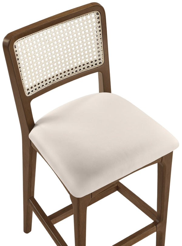 Meridian Furniture Atrium Art Deco Cane Back Counter Stool with Vegan Leather Seat and Wood Frame Cream Set of 2 88073Cream-C