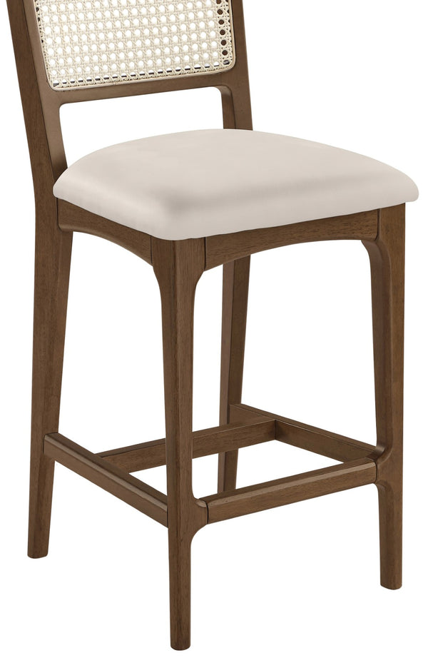 Meridian Furniture Atrium Art Deco Cane Back Counter Stool with Vegan Leather Seat and Wood Frame Cream Set of 2 88073Cream-C