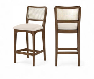 Meridian Furniture Atrium Art Deco Cane Back Counter Stool with Vegan Leather Seat and Wood Frame Cream Set of 2 88073Cream-C