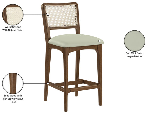 Meridian Furniture Atrium Art Deco Cane Back Counter Stool with Vegan Leather Seat and Wood Frame Mint Set of 2 88073Mint-C