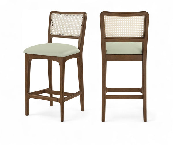 Meridian Furniture Atrium Art Deco Cane Back Counter Stool with Vegan Leather Seat and Wood Frame Mint Set of 2 88073Mint-C