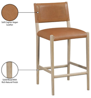 Meridian Furniture Andie Art Deco Vegan Leather Counter Stool with Stitching and Solid Wood Frame Cognac Set of 1 88076Cognac-C