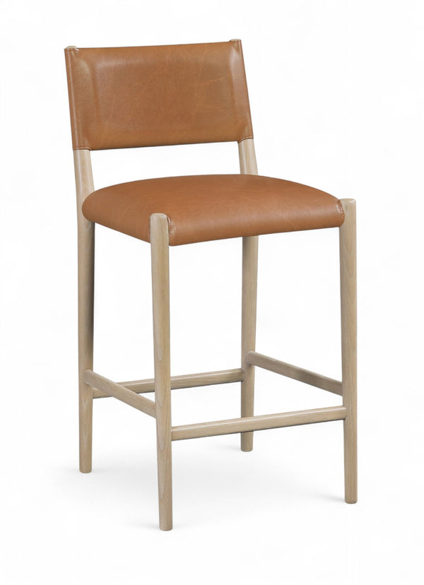 Meridian Furniture Andie Art Deco Vegan Leather Counter Stool with Stitching and Solid Wood Frame Cognac Set of 1 88076Cognac-C