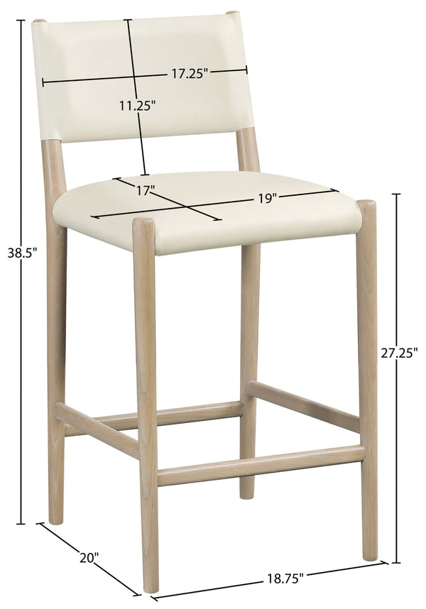 Meridian Furniture Andie Art Deco Vegan Leather Counter Stool with Stitching and Solid Wood Frame Cream Set of 1 88076Cream-C