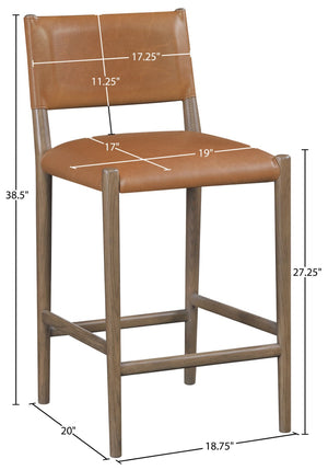 Meridian Furniture Andie Art Deco Vegan Leather Counter Stool with Stitching and Solid Wood Frame Cognac Set of 2 88077Cognac-C