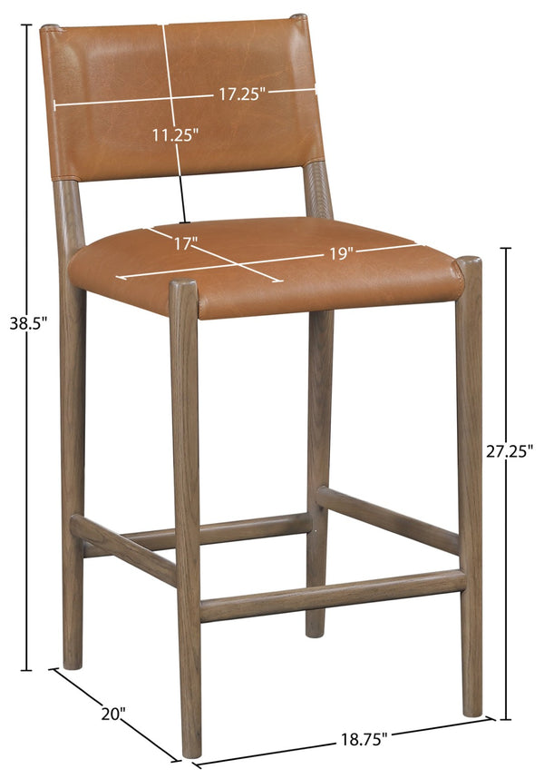 Meridian Furniture Andie Art Deco Vegan Leather Counter Stool with Stitching and Solid Wood Frame Cognac Set of 2 88077Cognac-C