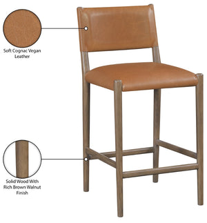 Meridian Furniture Andie Art Deco Vegan Leather Counter Stool with Stitching and Solid Wood Frame Cognac Set of 2 88077Cognac-C