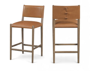 Meridian Furniture Andie Art Deco Vegan Leather Counter Stool with Stitching and Solid Wood Frame Cognac Set of 2 88077Cognac-C
