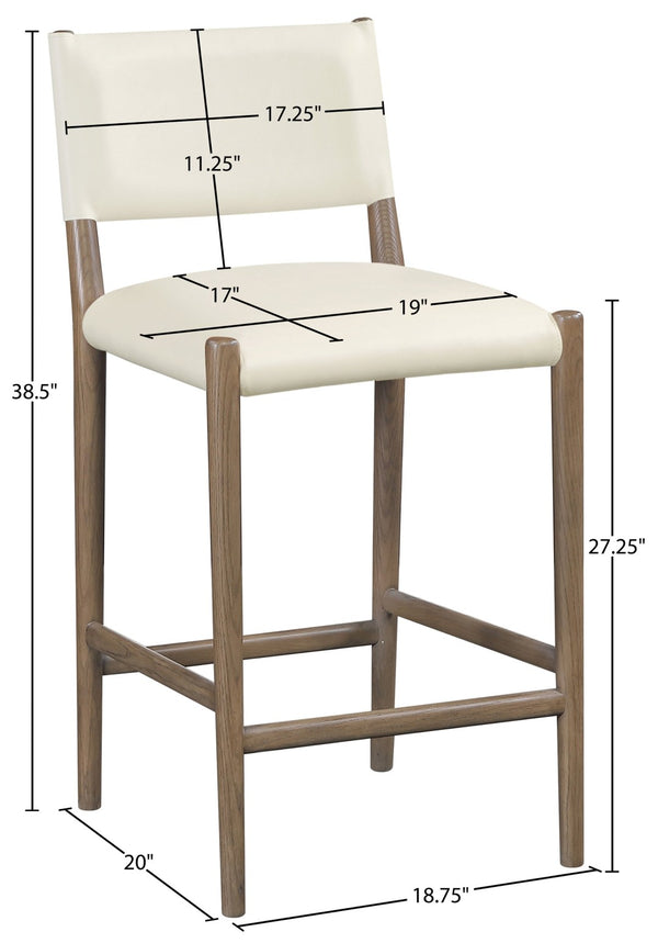 Meridian Furniture Andie Art Deco Vegan Leather Counter Stool with Stitching and Solid Wood Frame Cream Set of 2 88077Cream-C
