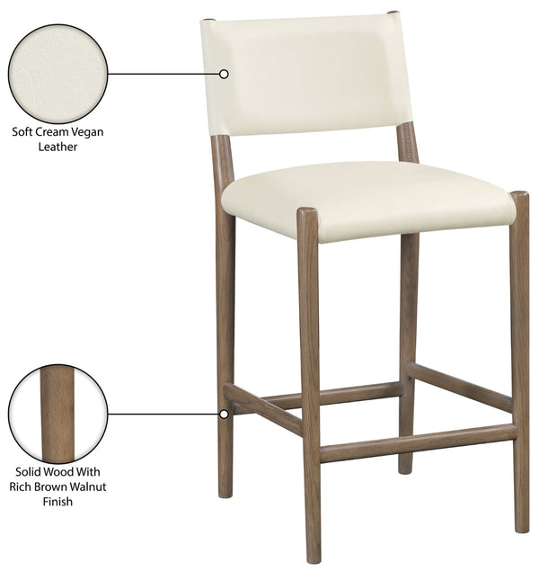 Meridian Furniture Andie Art Deco Vegan Leather Counter Stool with Stitching and Solid Wood Frame Cream Set of 2 88077Cream-C