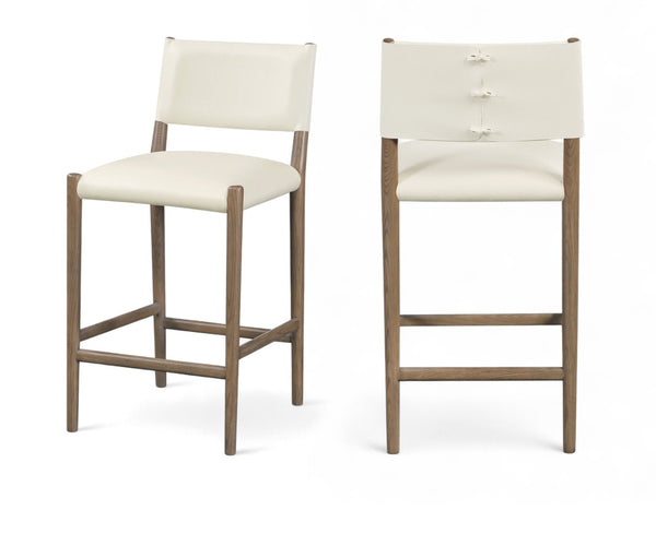 Meridian Furniture Andie Art Deco Vegan Leather Counter Stool with Stitching and Solid Wood Frame Cream Set of 2 88077Cream-C