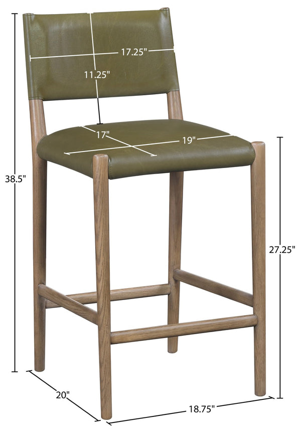 Meridian Furniture Andie Art Deco Vegan Leather Counter Stool with Stitching and Solid Wood Frame Olive Set of 2 88077Olive-C