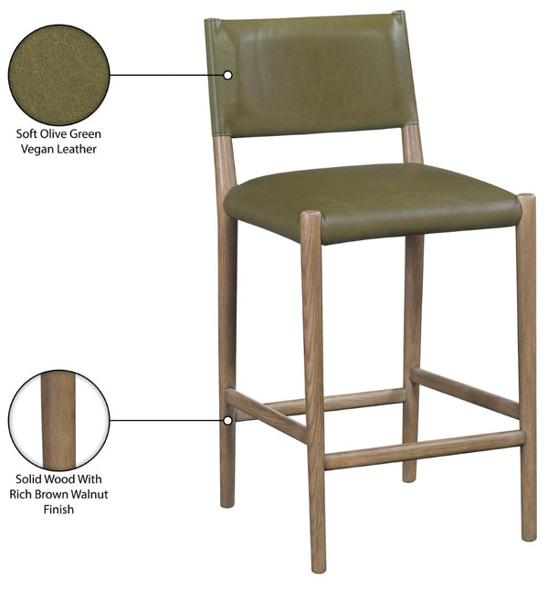 Meridian Furniture Andie Art Deco Vegan Leather Counter Stool with Stitching and Solid Wood Frame Olive Set of 2 88077Olive-C