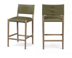 Meridian Furniture Andie Art Deco Vegan Leather Counter Stool with Stitching and Solid Wood Frame Olive Set of 2 88077Olive-C