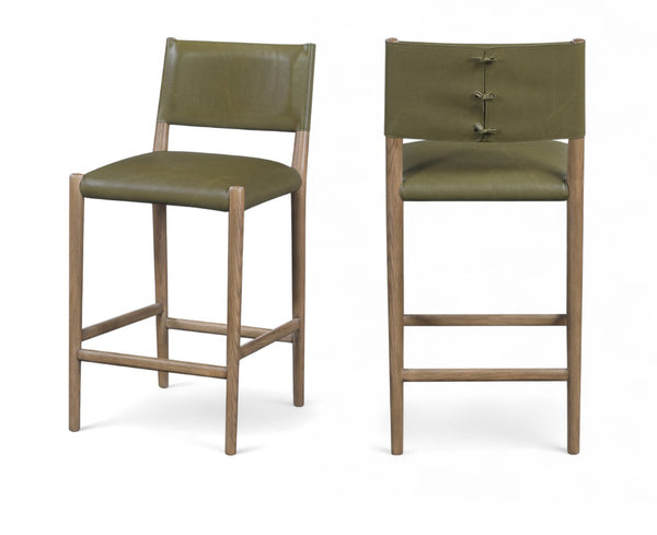 Meridian Furniture Andie Art Deco Vegan Leather Counter Stool with Stitching and Solid Wood Frame Olive Set of 2 88077Olive-C