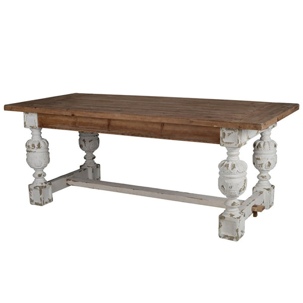 English Elm 79x35x30" Alcott Farmhouse Dining Table Natural Wood Top Distressed White Pedestal Base W2078S00013