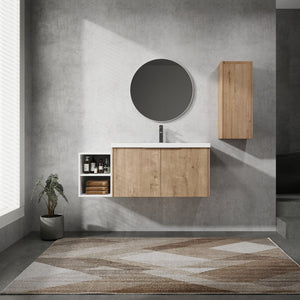 English Elm 48" Wall-Mounted Bathroom Vanity Set With Sink & Side Cabinet - Modern Storage Solution For Small Spaces W999S00235
