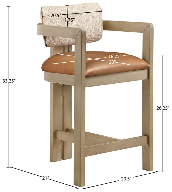 Meridian Furniture Ravina Art Deco Counter Stool Vegan Leather Seat and Cerused Wood Frame for Kitchen Bar Cognac Single 88080Cognac-C
