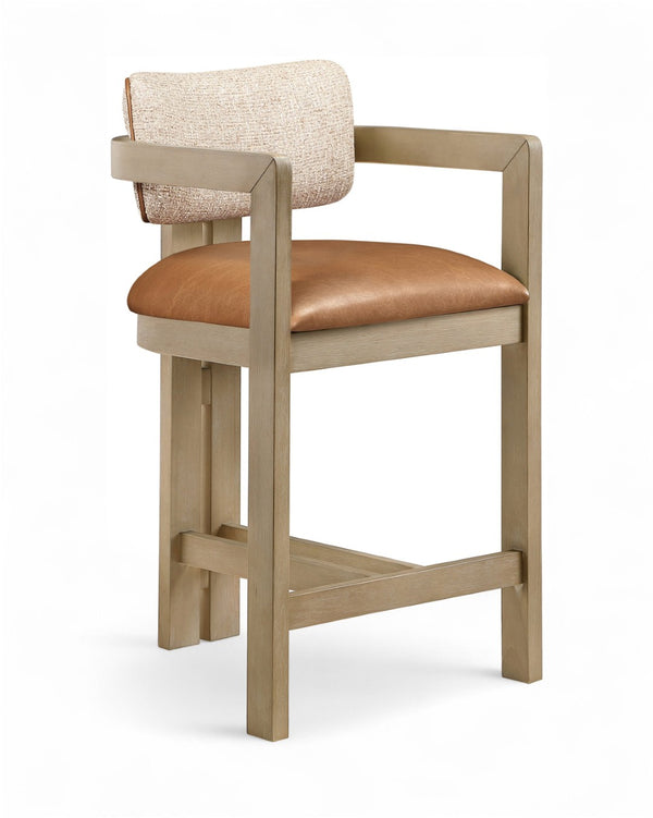 Meridian Furniture Ravina Art Deco Counter Stool Vegan Leather Seat and Cerused Wood Frame for Kitchen Bar Cognac Single 88080Cognac-C