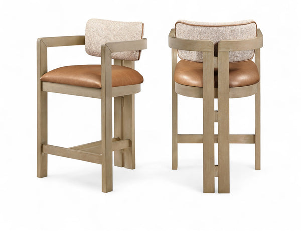 Meridian Furniture Ravina Art Deco Counter Stool Vegan Leather Seat and Cerused Wood Frame for Kitchen Bar Cognac Single 88080Cognac-C
