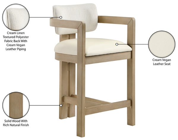 Meridian Furniture Ravina Art Deco Counter Stool Vegan Leather Seat and Cerused Wood Frame for Kitchen Bar Cream Single 88080Cream-C