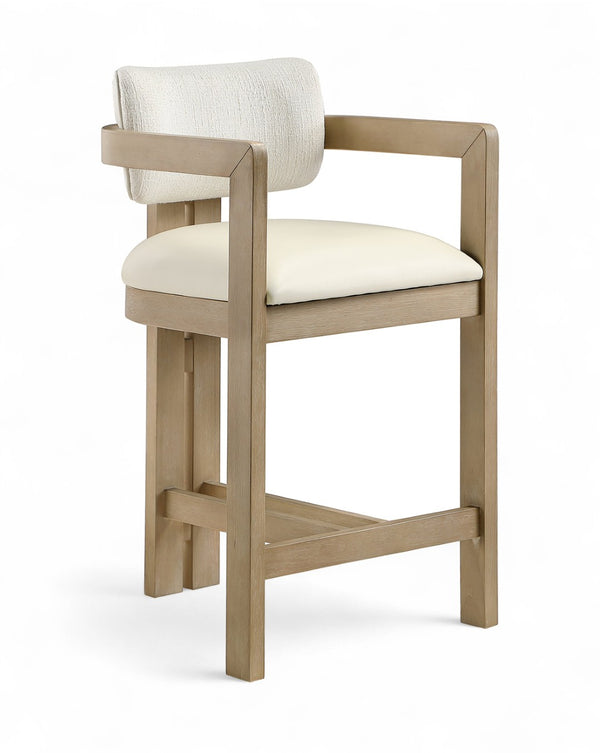 Meridian Furniture Ravina Art Deco Counter Stool Vegan Leather Seat and Cerused Wood Frame for Kitchen Bar Cream Single 88080Cream-C