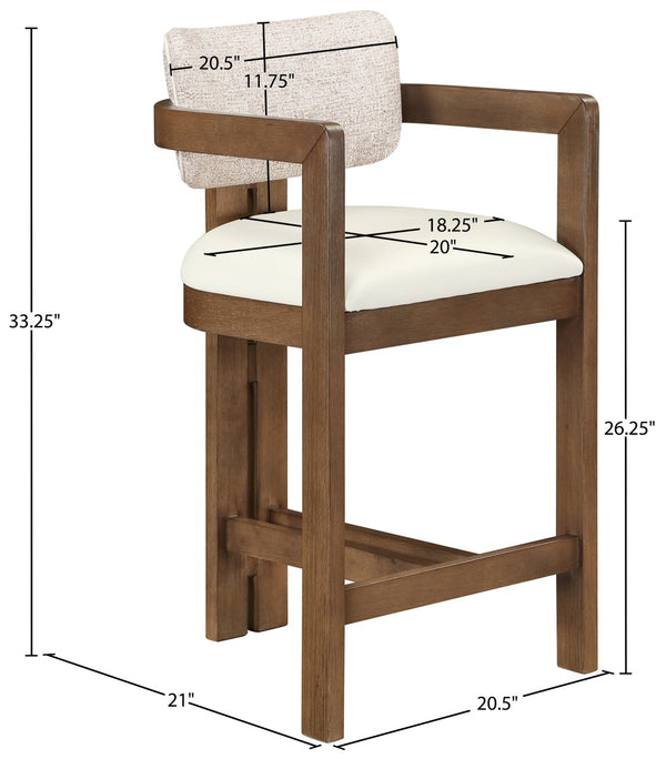 Meridian Furniture Ravina Art Deco Counter Stool Vegan Leather Seat and Cerused Wood Frame for Kitchen Bar Beige Set of 2 88081Beige-C