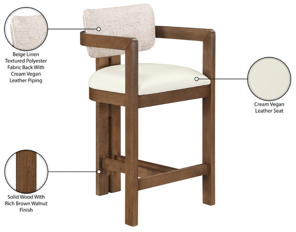 Meridian Furniture Ravina Art Deco Counter Stool Vegan Leather Seat and Cerused Wood Frame for Kitchen Bar Beige Set of 2 88081Beige-C