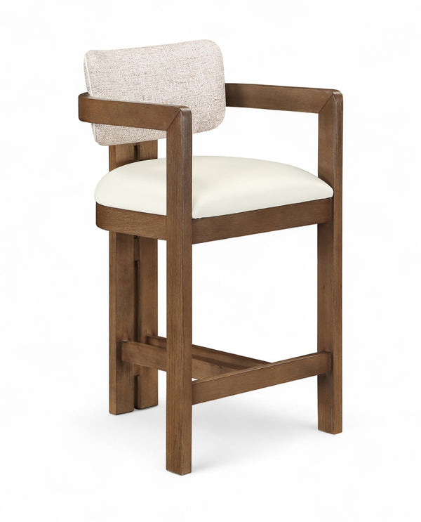 Meridian Furniture Ravina Art Deco Counter Stool Vegan Leather Seat and Cerused Wood Frame for Kitchen Bar Beige Set of 2 88081Beige-C