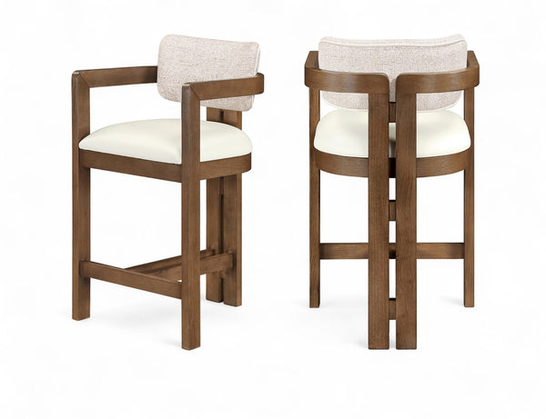 Meridian Furniture Ravina Art Deco Counter Stool Vegan Leather Seat and Cerused Wood Frame for Kitchen Bar Beige Set of 2 88081Beige-C