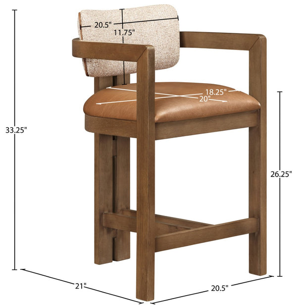Meridian Furniture Ravina Art Deco Counter Stool Vegan Leather Seat and Cerused Wood Frame for Kitchen Bar Cognac Set of 2 88081Cognac-C