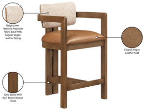 Meridian Furniture Ravina Art Deco Counter Stool Vegan Leather Seat and Cerused Wood Frame for Kitchen Bar Cognac Set of 2 88081Cognac-C