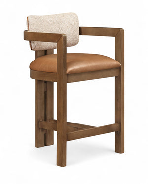 Meridian Furniture Ravina Art Deco Counter Stool Vegan Leather Seat and Cerused Wood Frame for Kitchen Bar Cognac Set of 2 88081Cognac-C