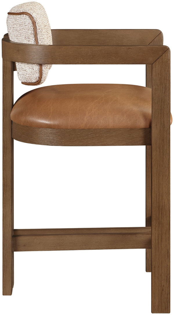 Meridian Furniture Ravina Art Deco Counter Stool Vegan Leather Seat and Cerused Wood Frame for Kitchen Bar Cognac Set of 2 88081Cognac-C