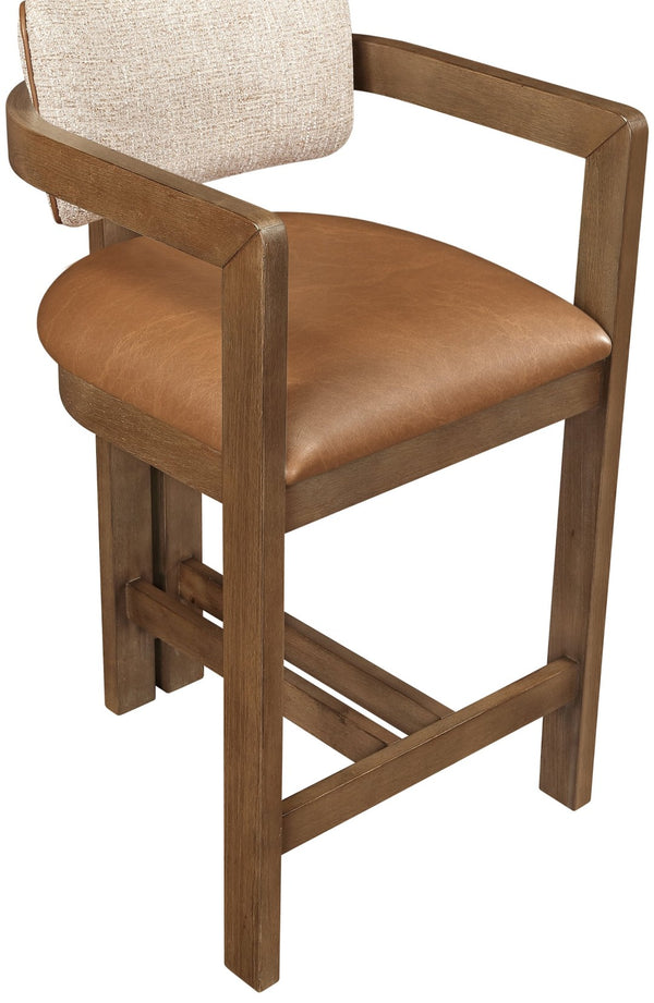 Meridian Furniture Ravina Art Deco Counter Stool Vegan Leather Seat and Cerused Wood Frame for Kitchen Bar Cognac Set of 2 88081Cognac-C