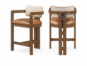 Meridian Furniture Ravina Art Deco Counter Stool Vegan Leather Seat and Cerused Wood Frame for Kitchen Bar Cognac Set of 2 88081Cognac-C
