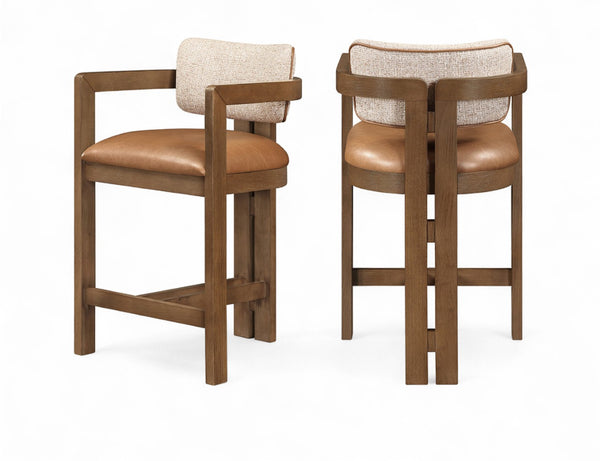 Meridian Furniture Ravina Art Deco Counter Stool Vegan Leather Seat and Cerused Wood Frame for Kitchen Bar Cognac Set of 2 88081Cognac-C