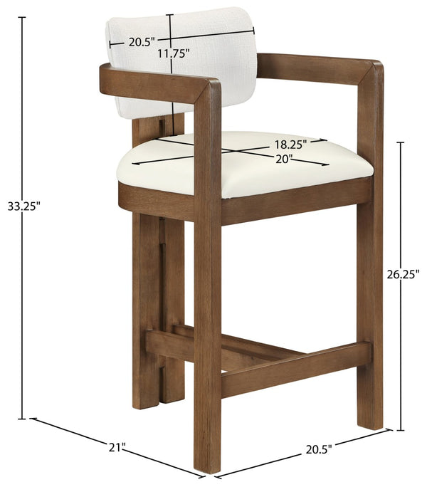 Meridian Furniture Ravina Art Deco Counter Stool Vegan Leather Seat and Cerused Wood Frame for Kitchen Bar Cream Set of 2 88081Cream-C