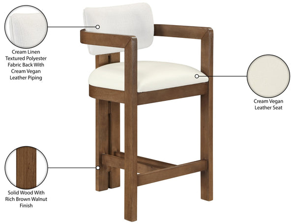 Meridian Furniture Ravina Art Deco Counter Stool Vegan Leather Seat and Cerused Wood Frame for Kitchen Bar Cream Set of 2 88081Cream-C