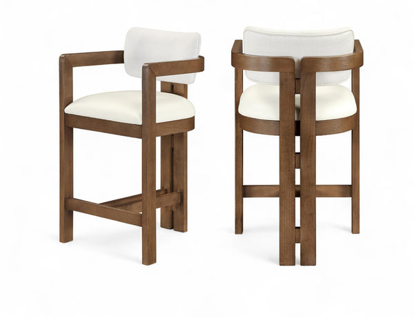 Meridian Furniture Ravina Art Deco Counter Stool Vegan Leather Seat and Cerused Wood Frame for Kitchen Bar Cream Set of 2 88081Cream-C