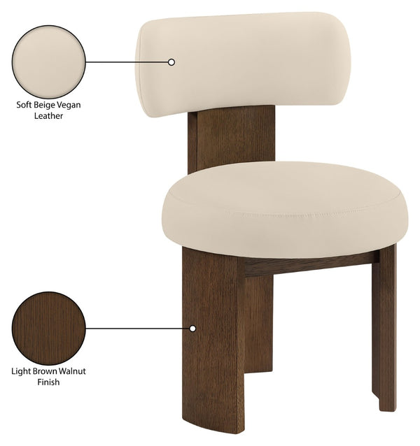 Meridian Furniture Atelier Art Deco Vegan Leather Dining Chair with Sculpted Walnut Finish Frame 88085Beige-C