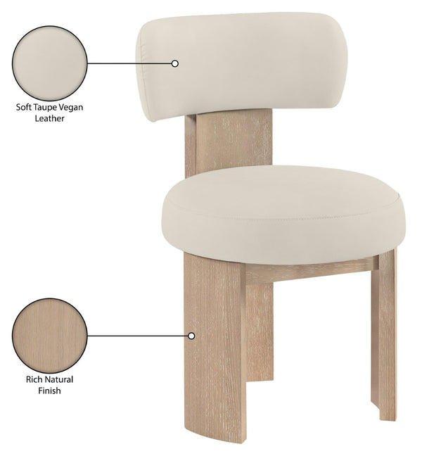 Meridian Furniture Atelier Art Deco Vegan Leather Dining Chair with Sculptural Wood Leg Base 88086Taupe-C