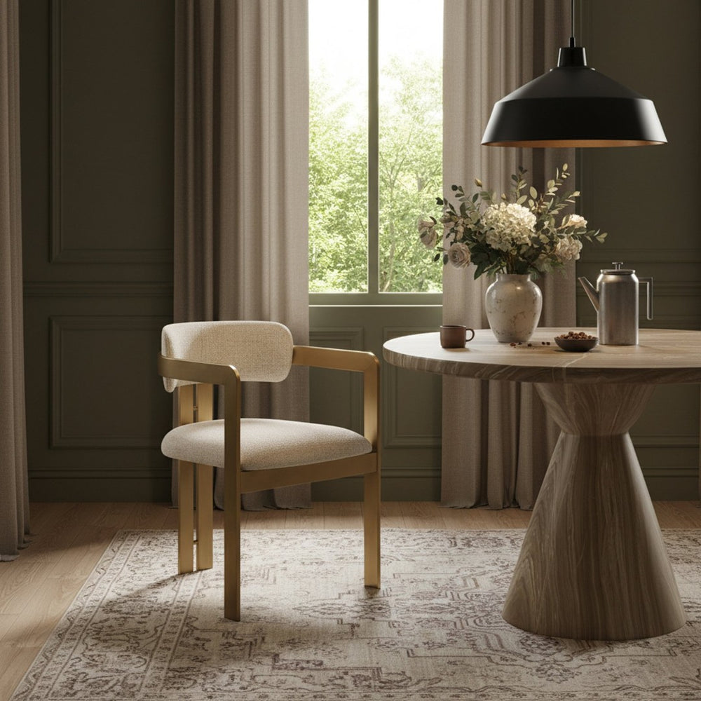 Meridian Furniture Aurum Beige Linen Weave Dining Chair with Sculptural Brass Iron Frame 88088Beige-C