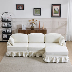 English Elm 103.15'' Chenille L-shaped Sectional Sofa with Detachable Pleated Skirt and Ottoman White W3612S00044