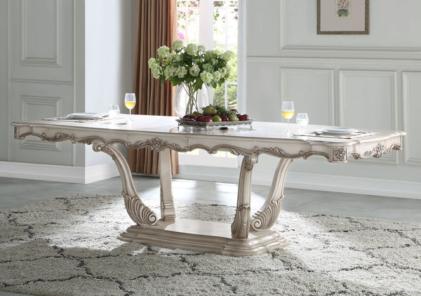 English Elm Gorsedd Golden Ivory Finish Dining Table with 18" Removable Leaf, Pedestal Base, Queen Anne Legs B2726S00211